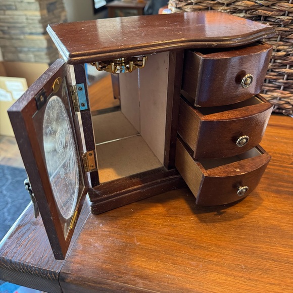 vintage wood jewelry box etched glass rose 3 drawers lined - Picture 8 of 13